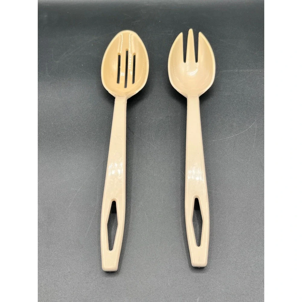 Vtg Tailor Made Salad Server Set Slotted Spoon Fork Almond Beige Plastic Kitchen